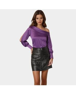 Bebe Asymmetrical Long Sleeve Slit Detail Satin Blouse - Purple