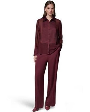 Donna Karan Long Sleeve Sheer Blouse Wide Leg Satin Side Zip Pants - Red