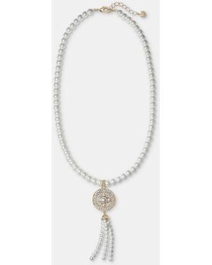 Charter Club Glass Stone And Faux Pearl Tassel Necklace - White