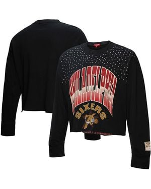 Mitchell & Ness Philadelphia 76ers Hardwood Classics Studded Boxy Cropped Long Sleeve T-shirt - Black