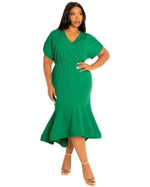Buxom Couture Plus Size V-neck Flounce Hem Midi Dress - Green