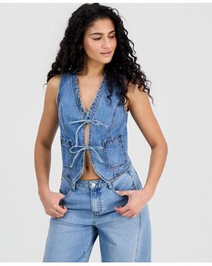 And Now This Ruffled Tie-front Denim Vest - Blue