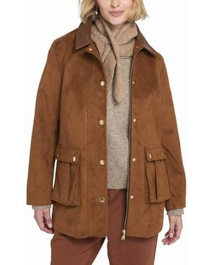 Elle Collection Faux Suede Barn Jacket Utility Coat - Brown