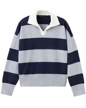 Mango Striped Polo-neck Long-sleeve Sweater - Blue