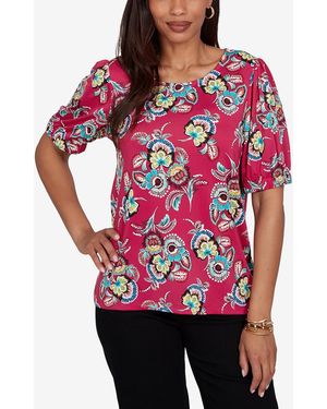 Ruby Rd. Petite Etched Floral Puff Print Blouse - Red