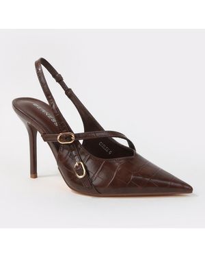 BERNESS Carlee Croc Embossed Pointed Toe Slingback Stiletto Pumps - Brown