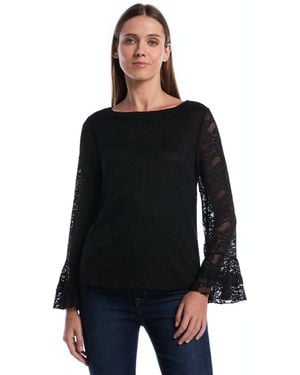 Rafaella Petite Boat Neck Lace Long-ruffle-sleeve Blouse - Black