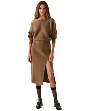 Modenaire Rib Knit One Shoulder Dolman Midi Sweater Dress - Brown