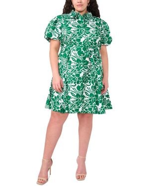 Msk Plus Size Printed Cotton Puff-sleeve Belted Shirtdress - Green