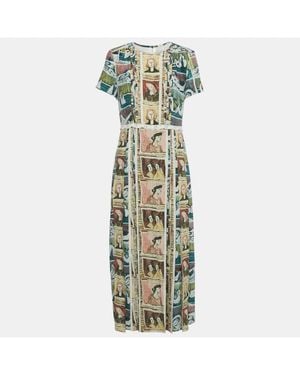 Pre-owned Burberry Multicolor Framed Heads Print Silk Lace Trim Maxi Dress - White