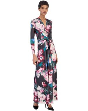 Anne Klein Petite Mesh Twist Front Floral Long-sleeve Maxi Dress - White