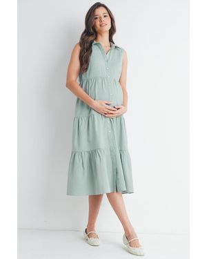Hello Miss Maternity Nursing Button Front Sleeveless Shirt Dress - Green