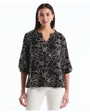 Rafaella Petite Floral Embroidered 3/4-sleeve Blouse - Black