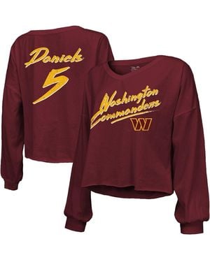 Majestic Jayden Daniels Washington Commanders Off-shoulder Script Player Name Number Cropped Long Sleeve V-neck T-shirt - Red