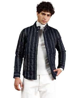 Campus Sutra Navy Woven-striped Quilted Jacket - Blue