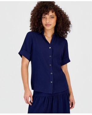 Anne Klein Essentials Petite Short-sleeve Button-front Shirt - Blue