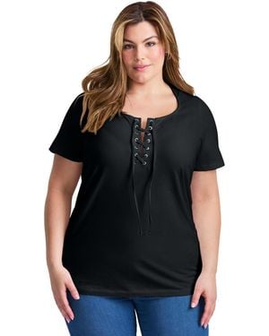 Avenue Plus Size Lacing Detail Tunic Tee - Black