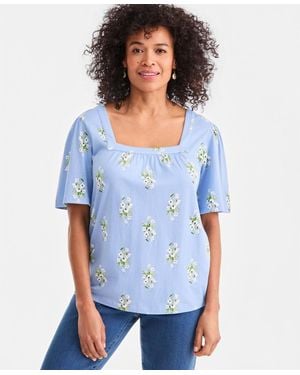 Style & Co. Printed Square-neck Flutter-sleeve Top - Blue