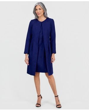 Le Suit Jacquard Jacket & Round-neck Sheath 2 Piece Dress Suit - Blue
