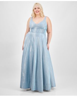 City Studios Trendy Plus Size Glitter V-neck Sleeveless Gown - Blue