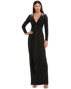 Mac Duggal Jersey V Neck Faux Knot Gown With Beaded Shoulders - Black