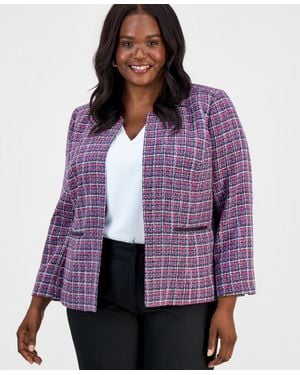 Kasper Plus Size Tweed Open-front Long-sleeve Jacket - Purple