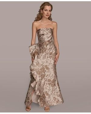 Donna Karan Strapless Side Ruffle Dress - Brown