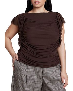 Eloquii Plus Size Shirred Mesh Top With Shoulder Flounces - Brown