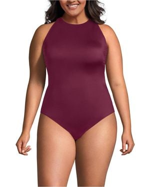 Lands' End Tugless High Neck Portrait Back One Piece Swimsuit - Purple