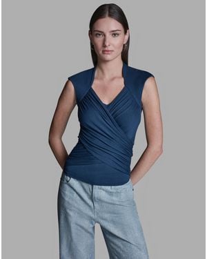 BCBGMAXAZRIA V-neck Sleeveless Wrap Detail Top - Blue