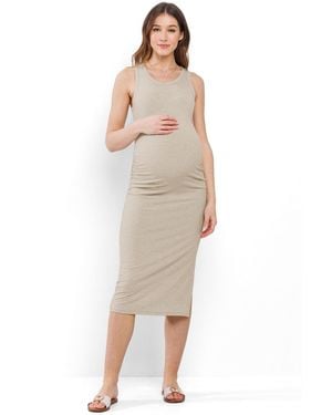 Hello Miss Maternity Ribbed Side Slit Sleeveless Bodycon Midi Dress - Natural