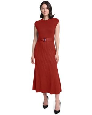 Jessica Howard Belted Midi Ribbed Dress - Red