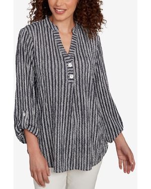 Ruby Rd. Petite Crinkle Knit Striped Henley Top - Gray
