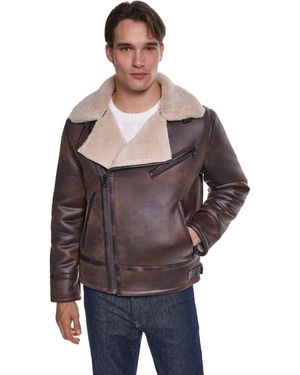 KARL LAGERFELD Asymmetrical Shearling Moto Jacket - Brown