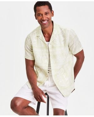 Club Room Tropical Row Camp Collar Linen Short Sleeve Shirt - White