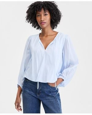 On 34th Cotton Solid Tie-front Volume-sleeve Blouse - White