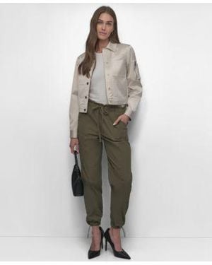 DKNY Sateen Cropped Snap Front Jacket Cutaway Seamless Tank Top Tie Front Cargo Pants - Black