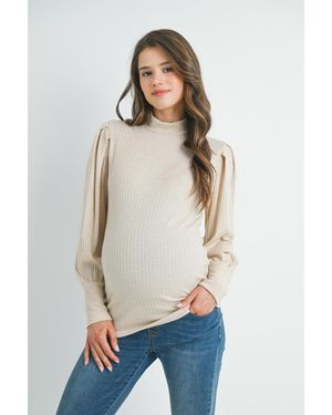 Hello Miss Maternity Long Sleeve Mock Neck Ribbed Top - White