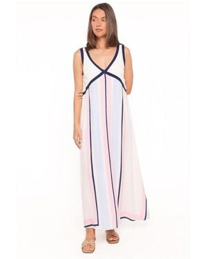 Petal & Pup Mackay Stripe Rayon-linen Blend V-neck A-line Maxi Dress - White