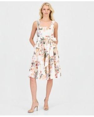 Anne Klein Petite Square Neck Printed Midi Dress - White