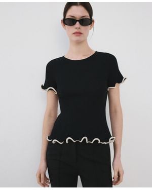 Mango Contrasting Trim Peplum Sweater - Black