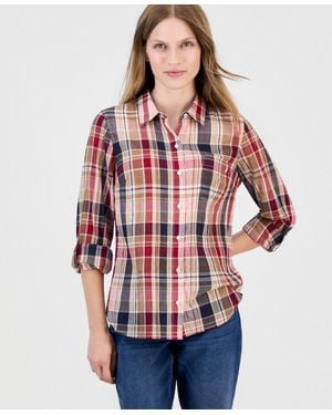 Nautica Crinkle Plaid Roll-tab Shirt - Red