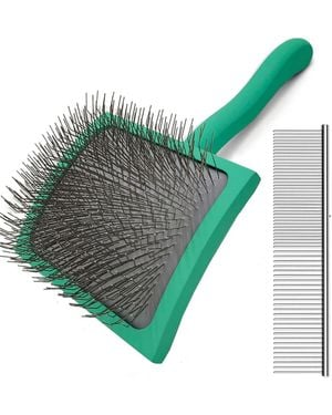 Aronkl Curved Slicker Brush For Long Haired Dogs Soft Round Pins Beech Wood Handle - Green