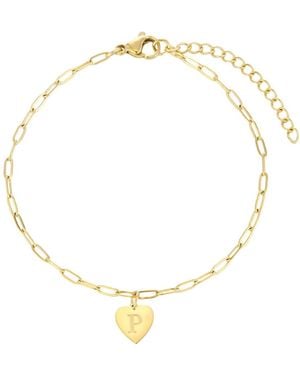 Adornia Tarnish Resistant Gold Initial Engraved Heart Paperclip Chain Bracelet - Metallic