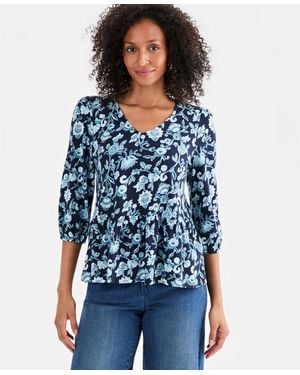 Style & Co. Printed 3/4-sleeve V-neck Peplum Top - Blue