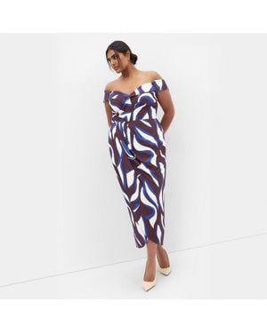 City Chic Plus Size Claire Print Off Shoulder Dress - Blue