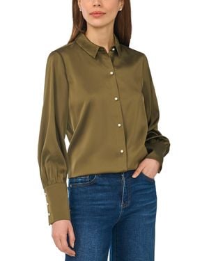 Cece Luxe Satin Imitation Pearl Button Down Blouse - Green