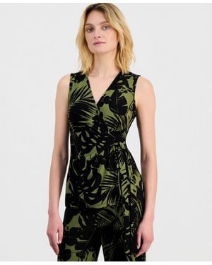 Anne Klein Printed Sleeveless Faux-wrap Top - Black