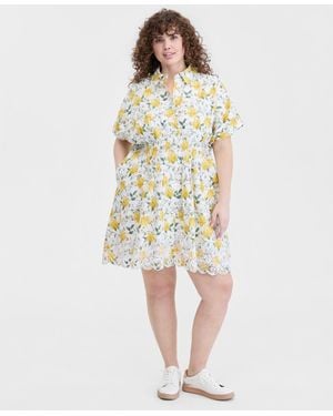 On 34th Trendy Plus Size Lotus Sprigs Cutwork Mini Shirtdress - Multicolor