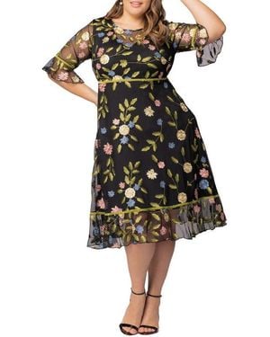 Kiyonna Plus Size Wildflower Embroidered Floral Mesh Dress - Black